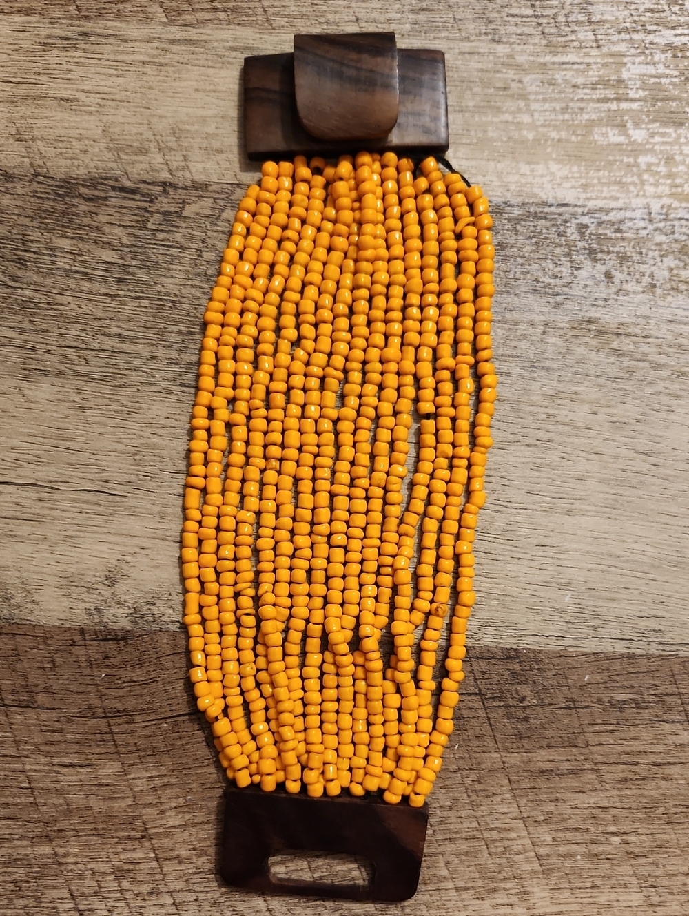 Yellow Beaded Multi-Strand Bracelet Wirh Wooden Latch